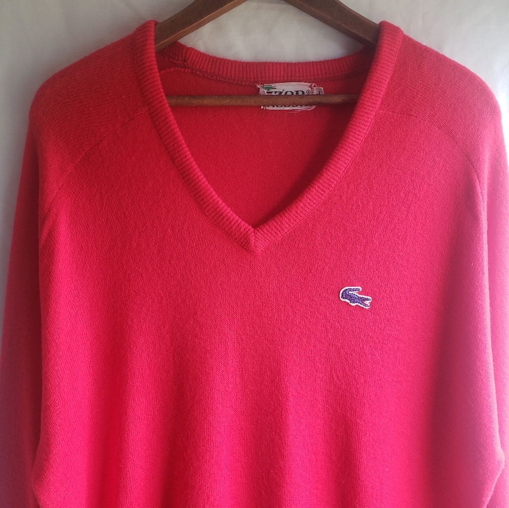 IZOD Lacoste Vintage Orlon Acrylic Sweater Red V Neck Mens Large
